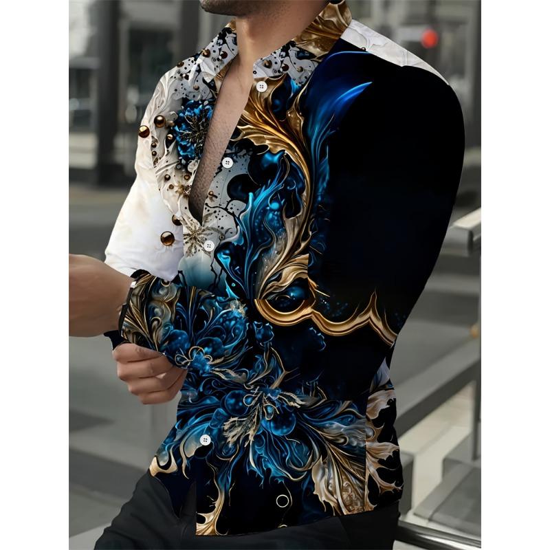 Spring Men s Shirts Fashion Retro Street Texture Printed Shirts Men s Long-sleeved Lapel Shirt Shirt Top Office Clothing S