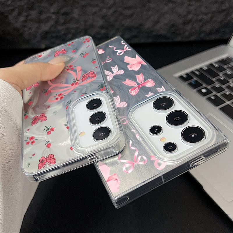 Case For Samsung Galaxy S25 S24 Ultra S23 S24 FE S22 Plus A55 A15 A16 A35 A25 A54 A56 5G Pink Bow Pattern Laser Hard Phone Cover