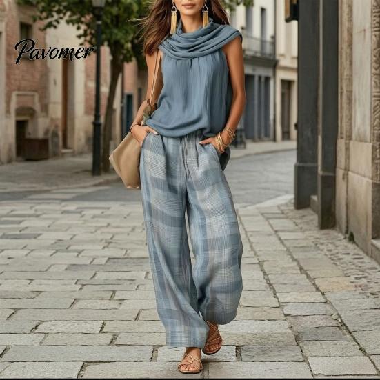 Casual Sleeveless Top Women Pants 2-Piece Set, Summer Ruffle Mock Neck Vacation Wear & Plaid Wide Leg Pants, Vintage Loose Outfit Set Relaxed