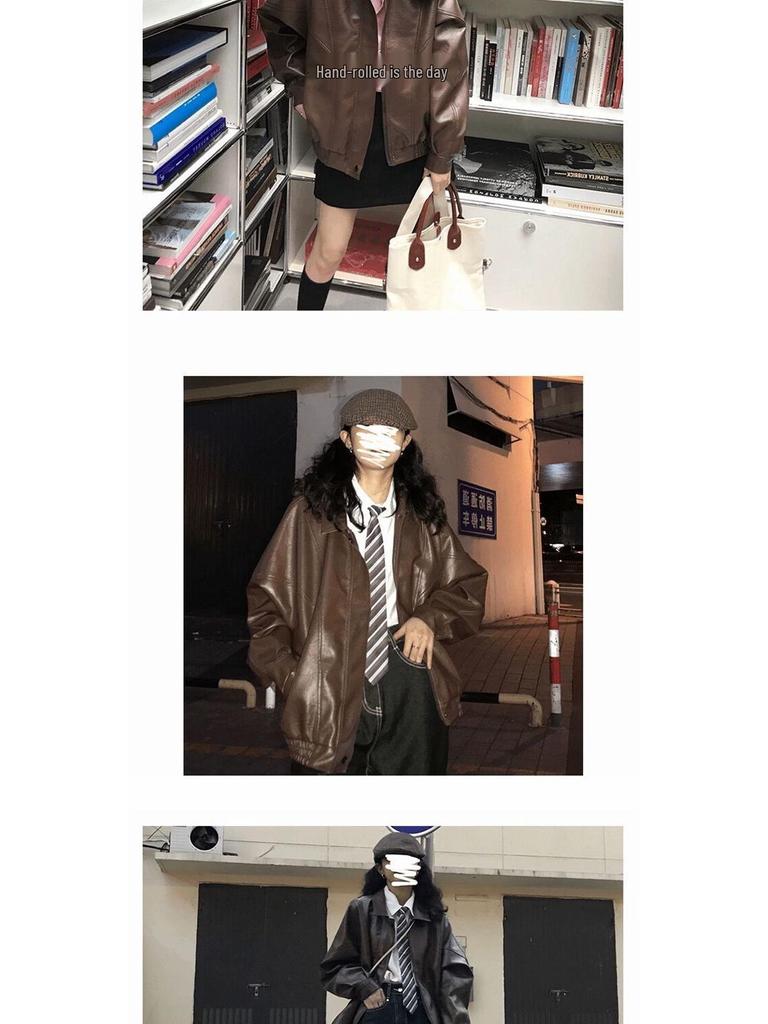 Women's Retro Brown & Black Leather Motorcycle Jacket - Spring/Autumn Loose Outerwear