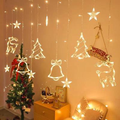 LED Weihnachts Vorhang Lichterkette mit Glocken, Rentier und Baum Dekoration für den Innenbereich