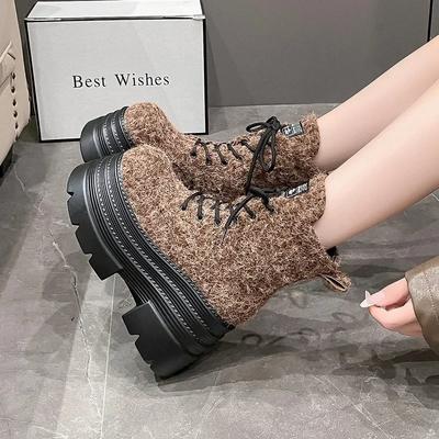 Fashion 10CM Women's Chunky Mid-calf Boots Autumn Leather Hidden Heels Sneakers Winter Waterproof Boots Heels Platform Motorcycle Boots