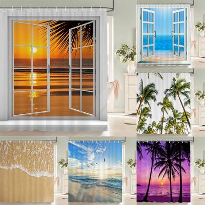 Summer Seaside Beach Shower Curtains Landscape Palm Tree Bathroom Curtains For Home Decoration Polyester Bath Curtain With Hooks