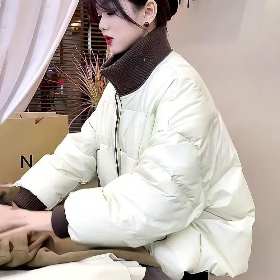 Winter Short Color Block Padded Coat Women Knit Stand Collar Quilted Down Jacket Petite Outerwear