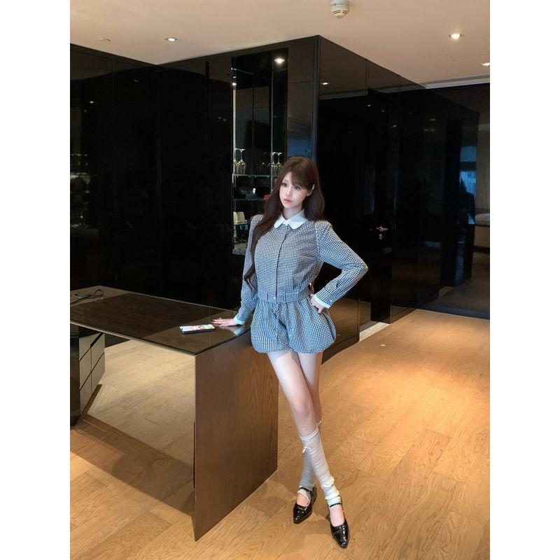 

Милый комплект с кукольным воротником, клетчатый топ с длинным рукавом, женский осенний комплект из двух предметов: топ и шорты с высокой талией и широкими штанинами. Gingham shorts L