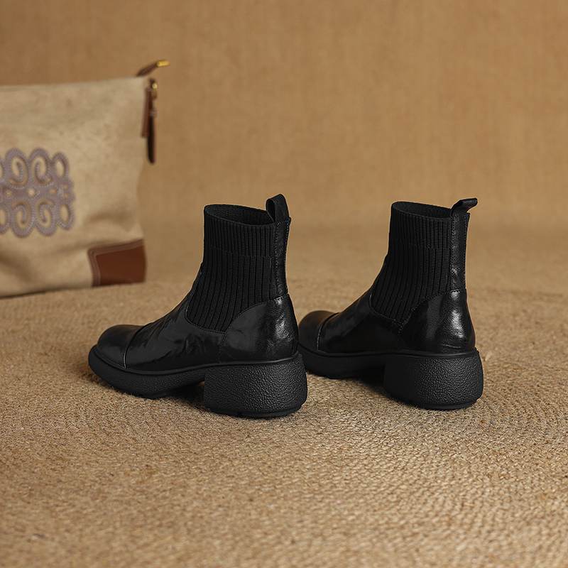 Krazing Pot Sheepskin Pleated Decoration Autumn Winter Shoes Chunky Heels Size 43 Size 42 Round Toe Slip on Retro Knit Wear Ankle Boots
