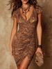 2026 V-Ausschnitt Bodycon Stretch Retro Bedrucktes Minikleid - Europäischer & Amerikanischer Stil, Figurbetont & Sexy