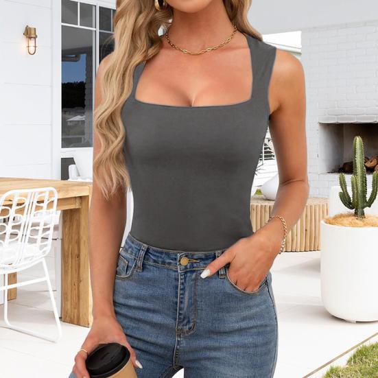 Women Summer Vest Square Collar Wide Shoulder Strap Sleeveless Tank Tops Solid Color Slim Fit Ribbed Camisole