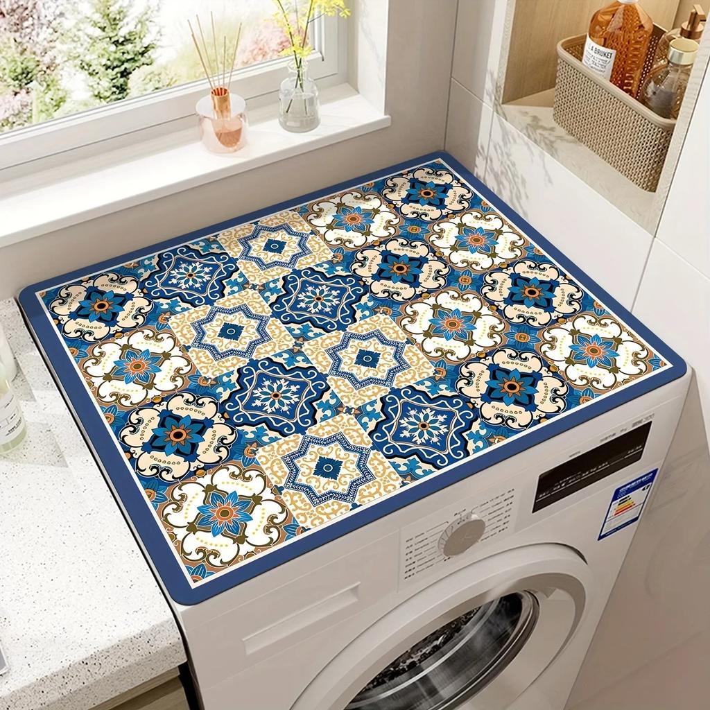 50X60cm Vintage rutete trykt vaskemaskin støvdekselpute, hurtigtørkende absorberende beskyttende toppmatte for vaskemaskin og tørketrommel