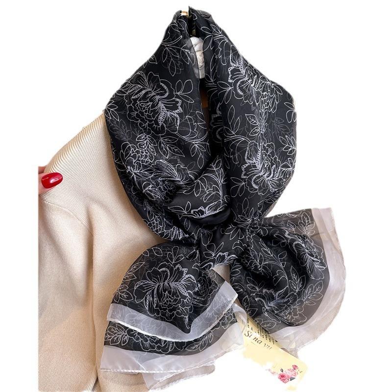 Light luxury simulated silk pattern scarf, silk scarf, commuting sunscreen, soft yarn scarf, large size fashion temperament shawl