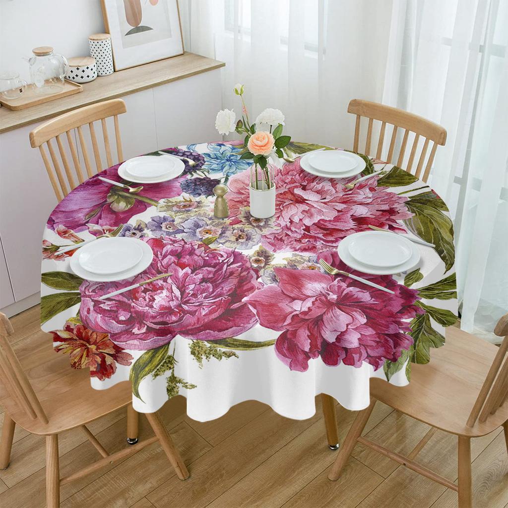 Pink Flower Leaves Round Table Cloth Festival Dining Waterproof Tablecloth Table Cover For Wedding Party Decor