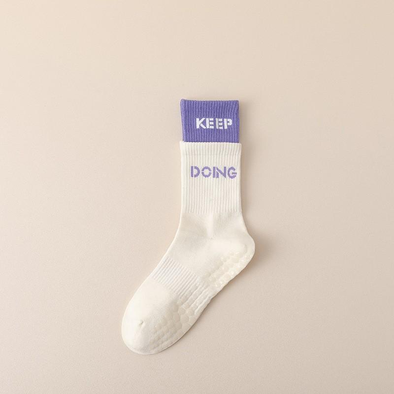 Non-Slip Yoga Socks Women Mid-Calf Anti-Slip Pilates Color-Block Design Seamless Cotton Blend Breathable