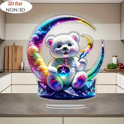 Colorful Moon Bear Acrylic Statue with Base - Bookcase Ornament Decorative Stand for Kitchen Cabinet Office Desk