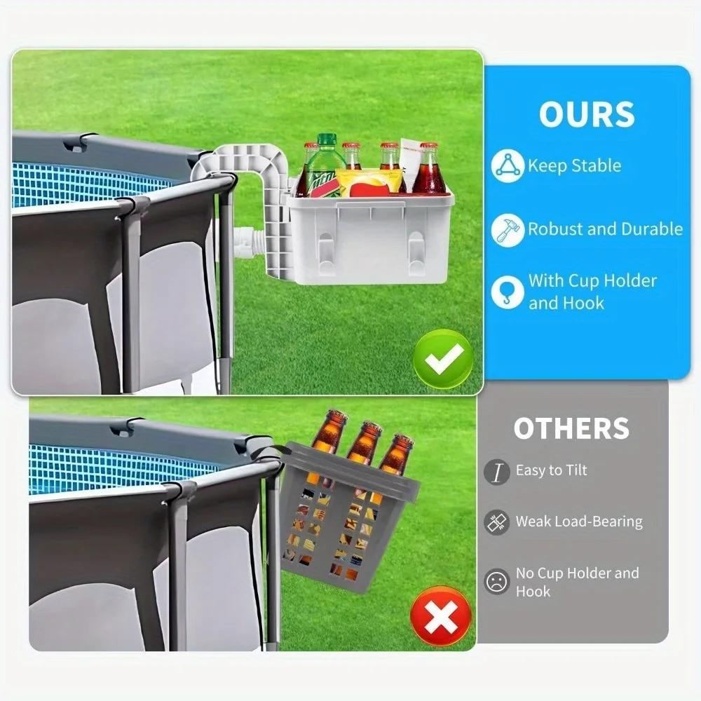 Poolside Storage Basket with Pool Cup Holder, Thickened Plastic Pool Basket for Above Ground Pool Accessories, Outdoor Swimming