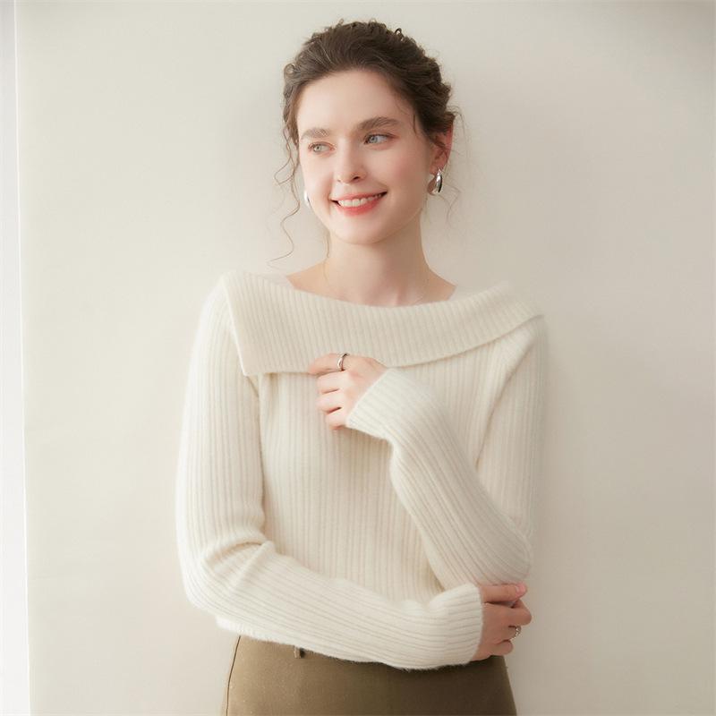 One-Shoulder Solid Color Cashmere Women's Ribbed Knit Sweater - Slimming Lazy Style for Autumn/Winter New Arrivals
