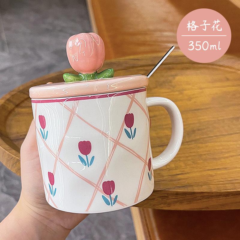 350ml Cute Tulip Water Cup Girl Heart Student Gift Ceramic Cups with Lid Spoon Office Mug High Appearanc Level To Go Coffee Cup