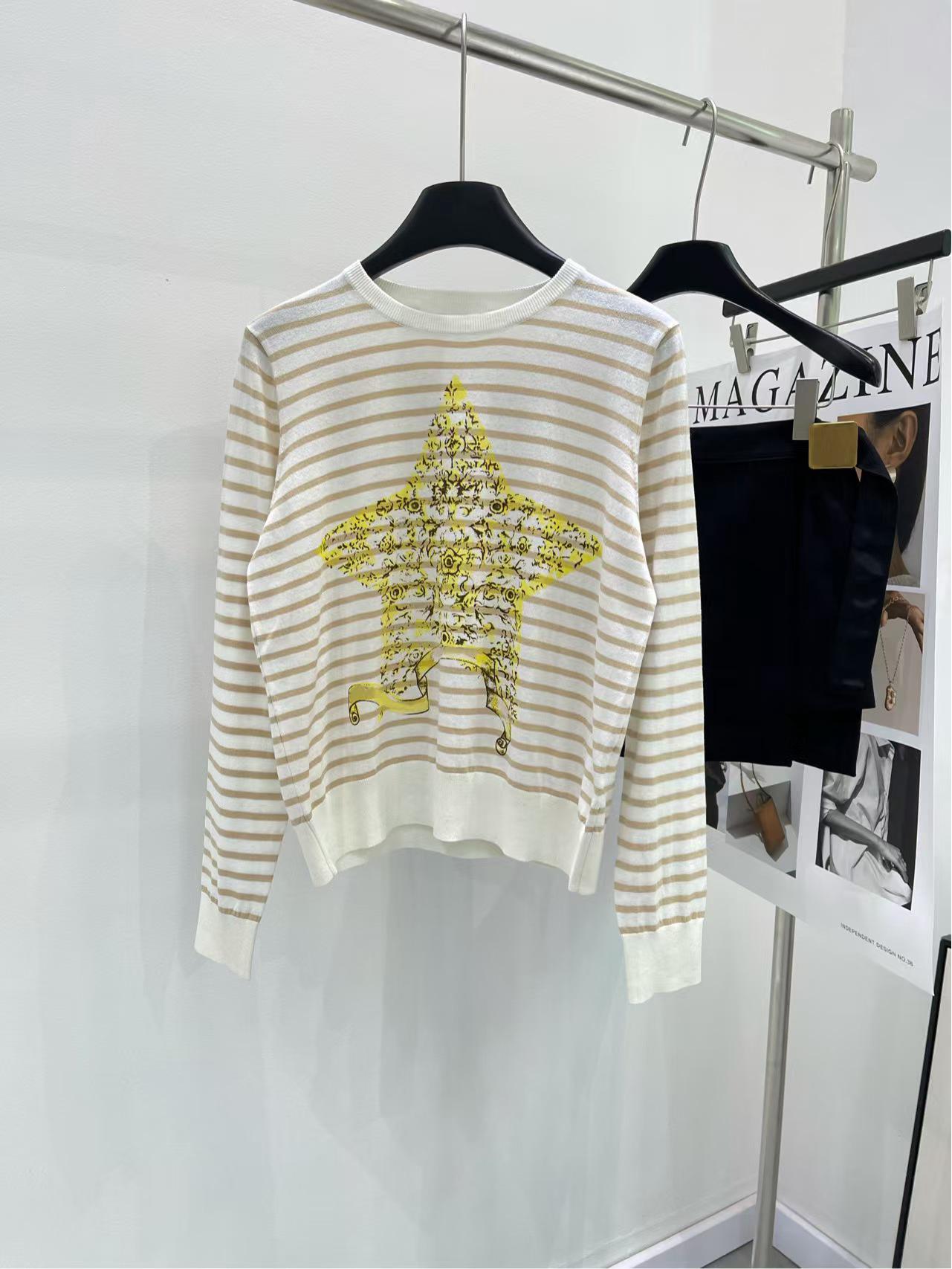 

Трикотажный свитер с цветочным узором, звездами и полосками, весна/лето 2025: Элегантный, Универсальный, Круглый вырез, Цветной блок, Длинный рукав Medium светло-желтого