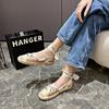 2024 Roman Sandals Women's Straw Woven Thick Heel Thick Sole Bag Head Color Matching Single Shoes Summer New Flat Shoes Straps Outer Wear
