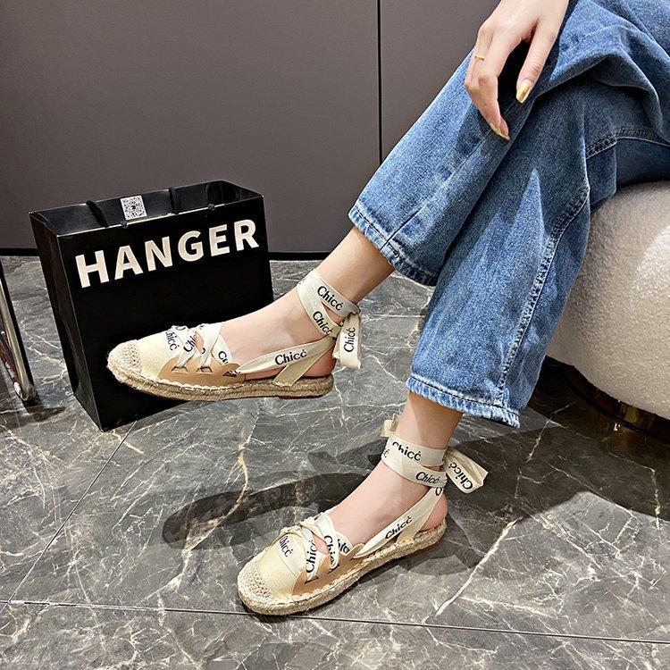 2024 Roman Sandals Women's Straw Woven Thick Heel Thick Sole Bag Head Color Matching Single Shoes Summer New Flat Shoes Straps Outer Wear