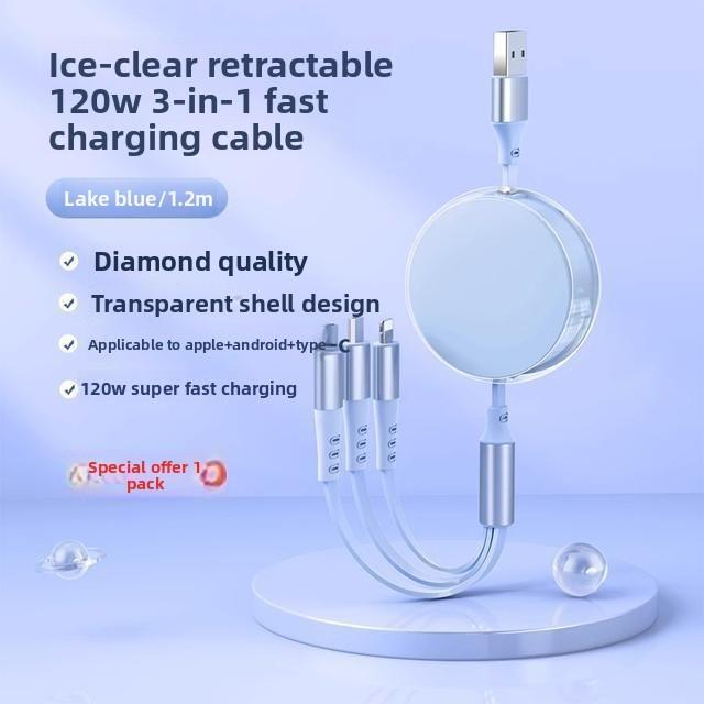 Universal 120w Fast Charging 3in1 Data Cable For Apple Android Huawei With Tpe Material