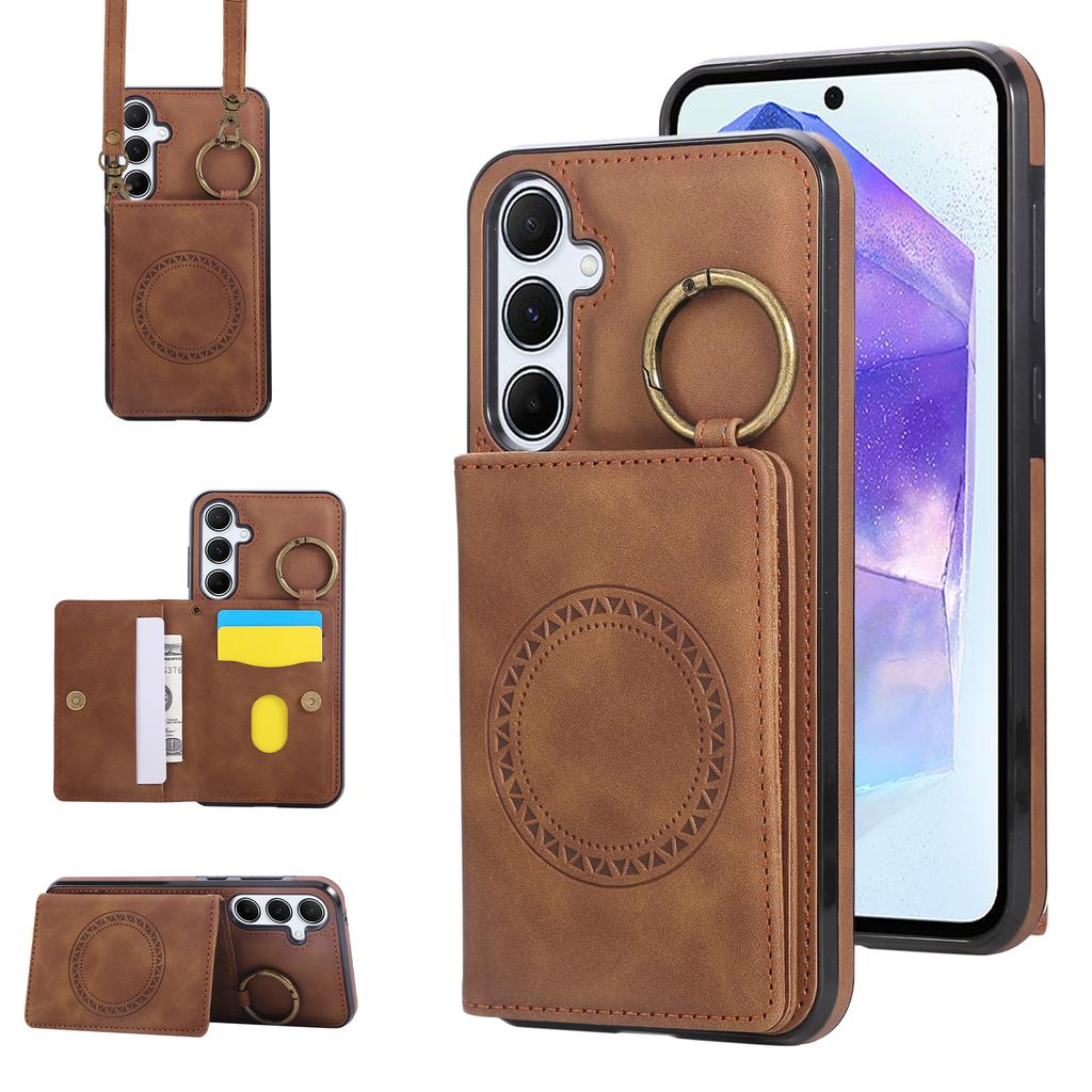 Custodia a Tracolla con Porta Carte e Anello in Pelle per Samsung Galaxy S25 Ultra S24 Plus S23 S22 A16 A26 A36 A56 5G Magnetica