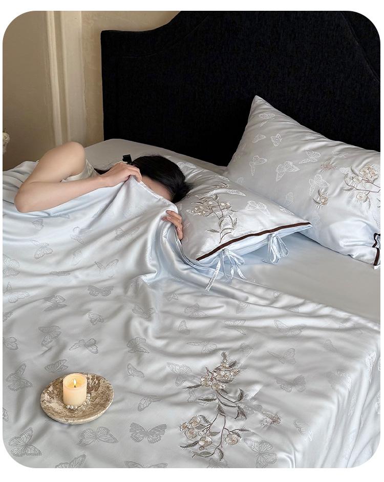 Premium 60 Thread Blue Essence Tencel Jacquard Embroidery Summer Cool Quilt Set - Blue Mist Dreams