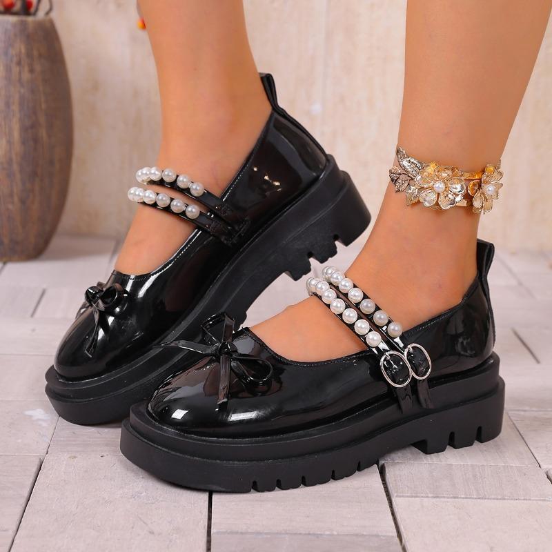 

Women s Spring Summer Retro Round Toe Shallow Mouth Pearl One Strap Platform Mary Jane Single Shoes 35 чёрный