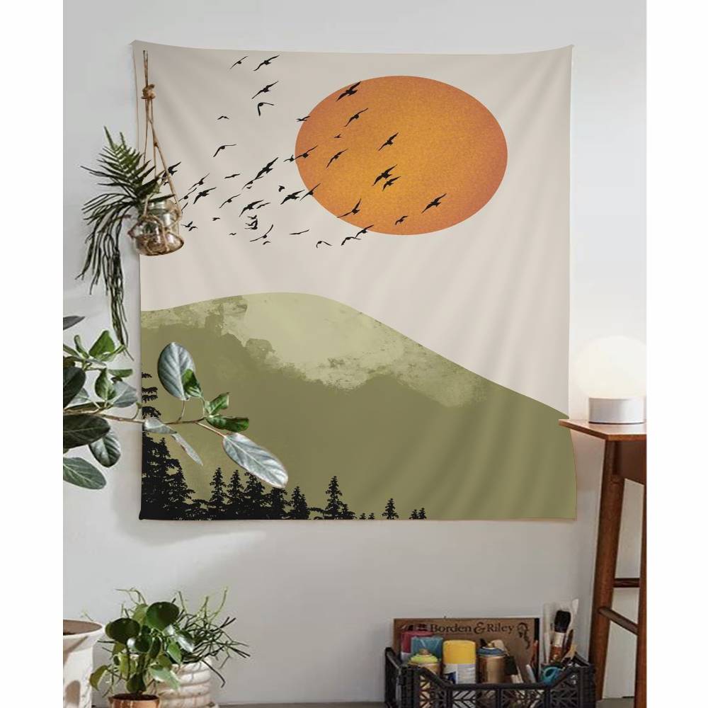Japandi Art Print Flying Birds Hanging Bohemian Tapestry Bohemian Wall Tapestries Mandala Cheap Hippie Wall Hanging