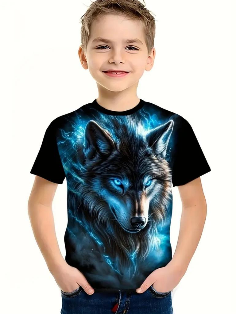 Cool Wolf Boy T-Shirt Tiger 3D Print Kids Short Sleeves Casual Comfortable Boys' Top Tees Outdoor Breathable Lightweight Clothes