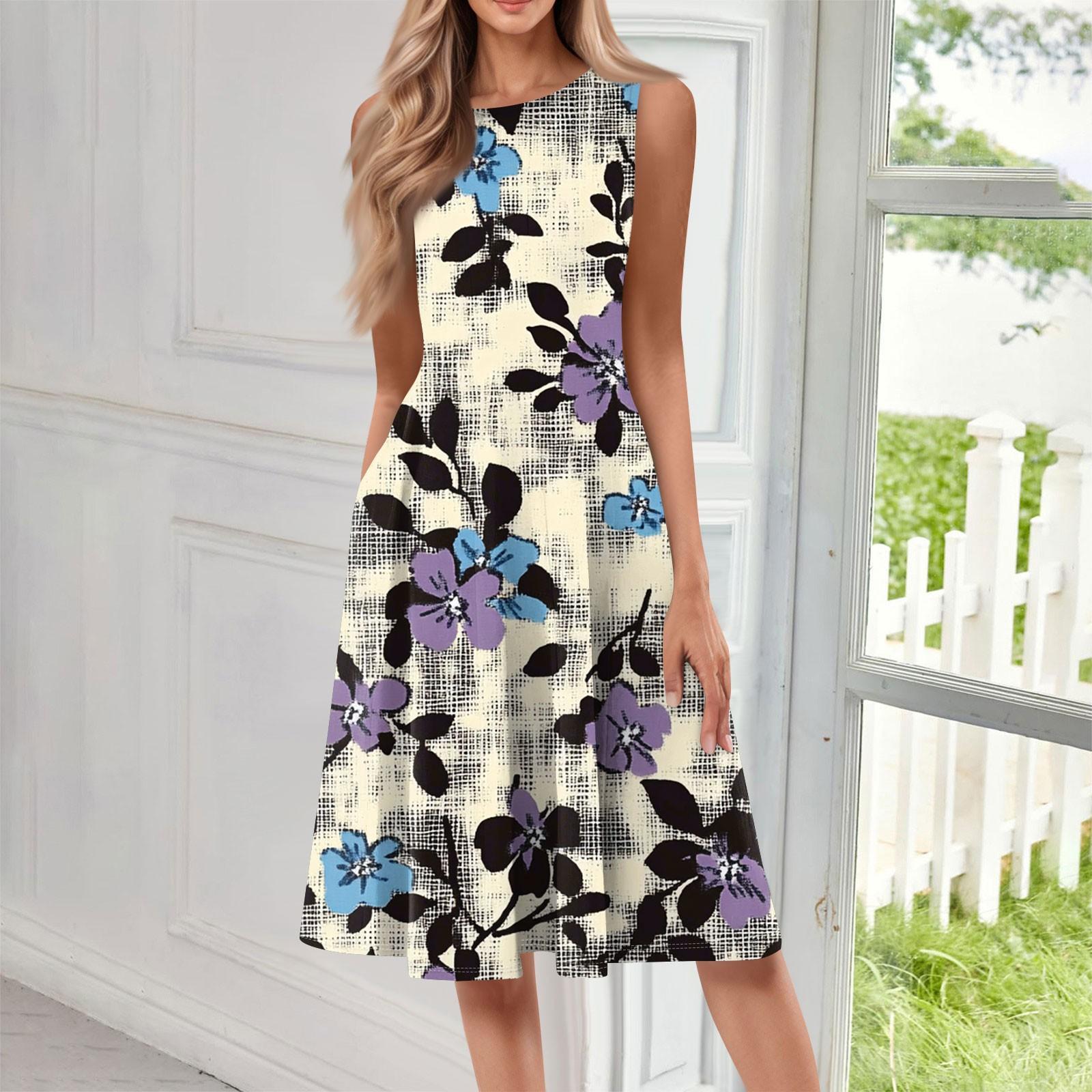 

Женское повседневное модное платье миди с цветочным принтом и круглым вырезом без рукавов L бежевый