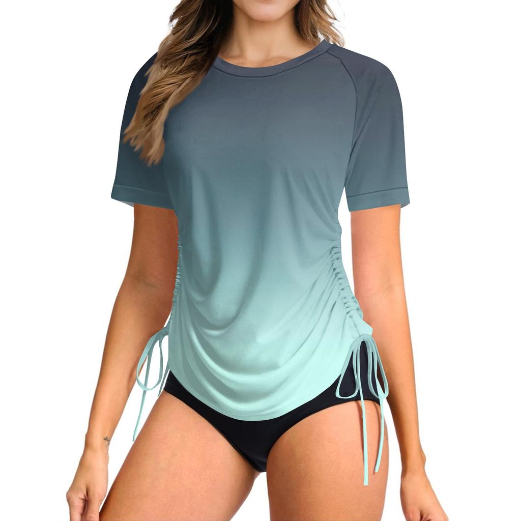 Women's Printingr Short-sleeved Sun Swimsuit Lightweight Adjustable Lace-up Swimsuit