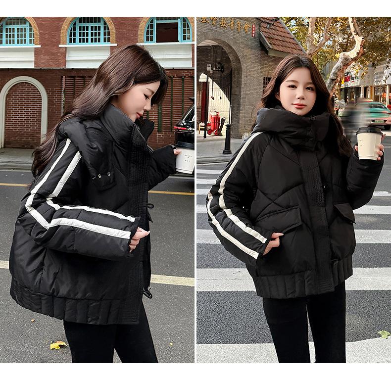 

Women’s Short Hooded Windproof Thicken Warm Winter Jacket With Strip on Sleeves M чёрный