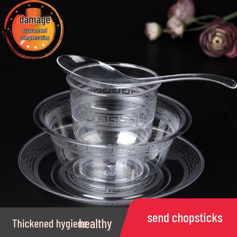 Disposable Crystal Bowl & Chopsticks Set: Durable Plastic, Food-Grade, Ideal for Soup & Rice, 4-Piece Aviation Cutlery Set.