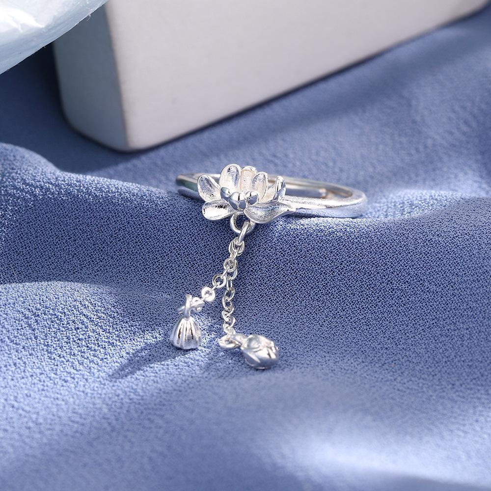 Tassel Lotus Ring New Chinese Jewelry Accessories Fashion Open Adjustable Design Flower Finger Ring Silver Flower Bud Lotus Ring