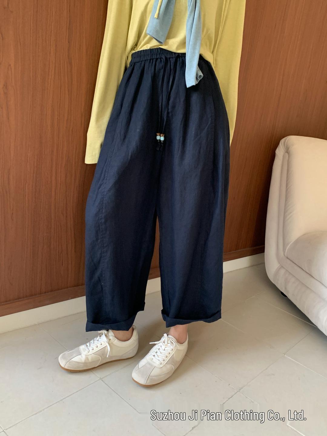 

Bohemian Linen Drawstring Casual Pants - Spring 2026 Arrival, Loose Fit Women s Vacation Wear Medium тёмно-синий