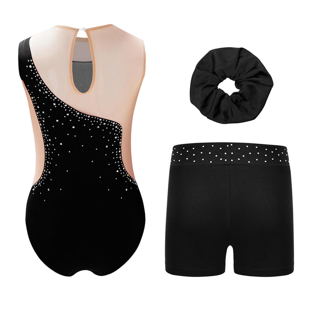Girls Sheer Mesh Leotard Rhinestones Shorts Hair Tie Headwear Dance Figure Skating Gymnastics Outfit Set