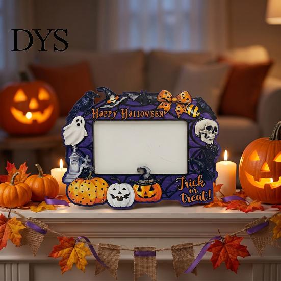 Halloween Picture Frame Wooden Photo Frame, Pumpkin Ghost Cat Cutout Holiday Portrait Holder, Double-sided Tabletop Decor for Home Party Indoor Table
