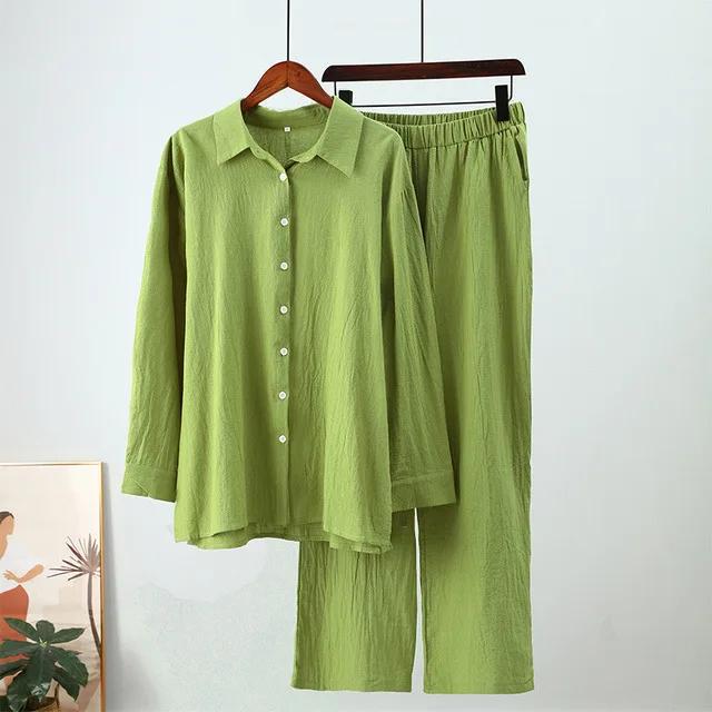 Set Musulmano da Donna Set Pantaloni a Gamba Larga Set Due Pezzi Lino Bottoni Camicia Completo Ramadan Eid Dubai Ensemble Abbigliamento Arabo