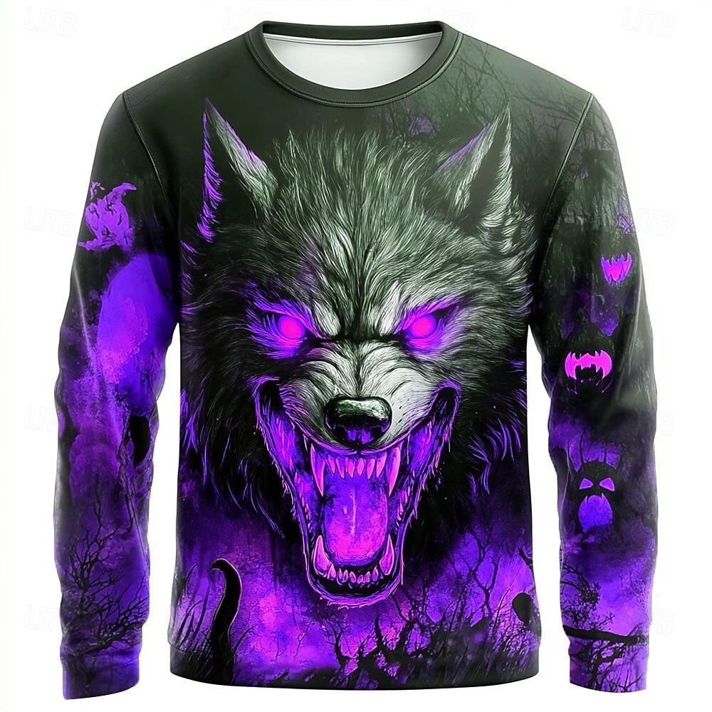 3D Vintage Wolf Print Men's T-Shirt Retro Cool Long Sleeved Round Neck Tees For Men Gothic Halloween Theme Party Unisex Clothing