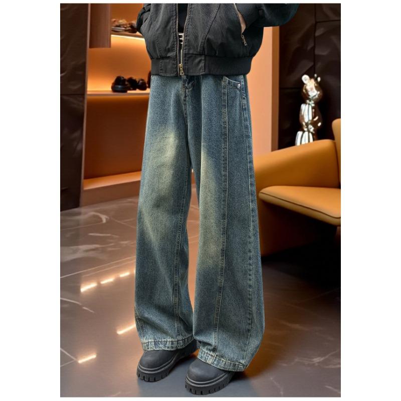 Mens Loose Straight Wide Leg Vintage Washed Casual High Street Denim Long Pants