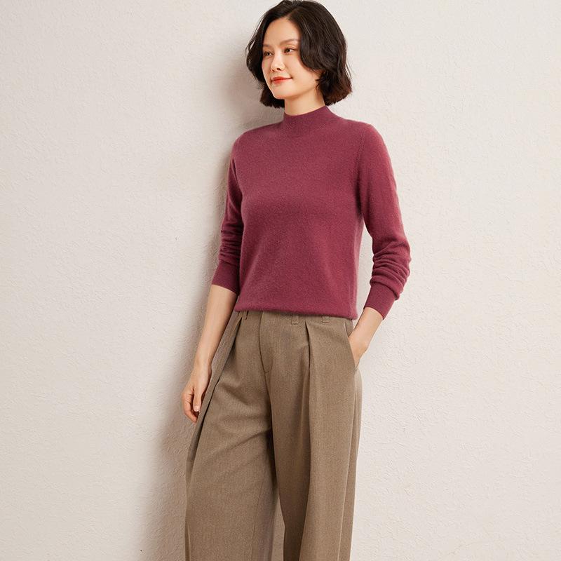 Women's Fashionable Cashmere Half-High Collar Knit Top - Versatile Long Sleeve Warm Base Layer for Autumn/Winter