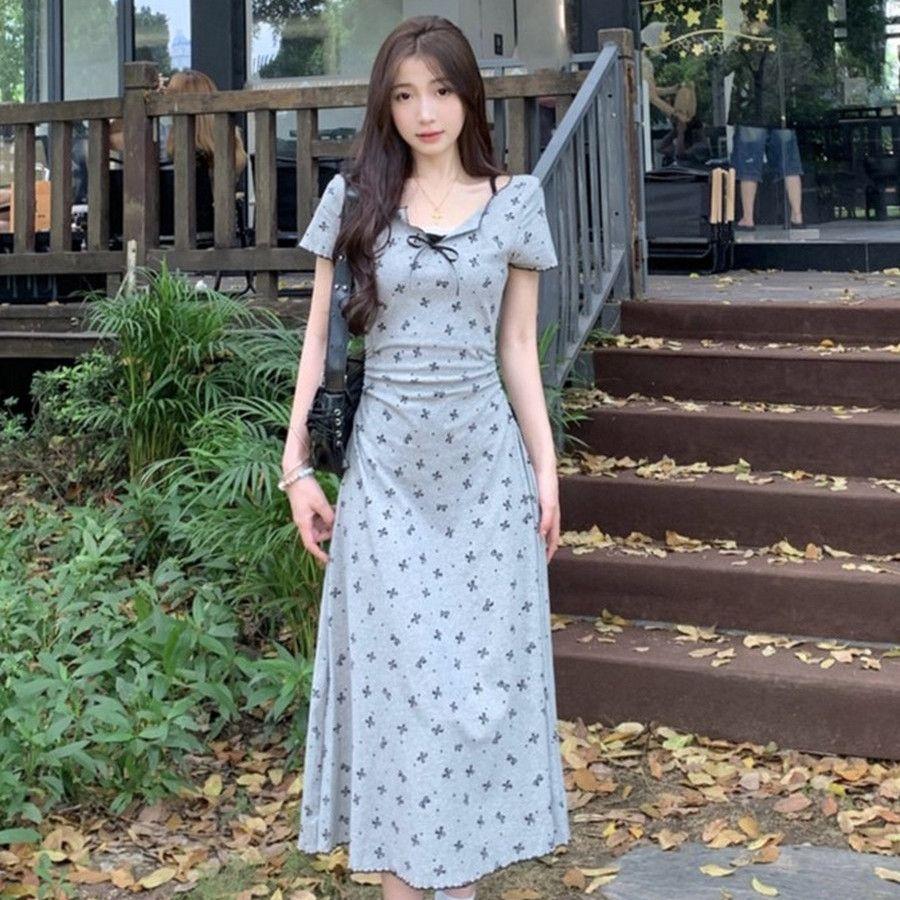 Fake Two Pieces Short Sleeve Mini Dress Summer Fashion Lace Spliced Bow Printed Slim Folds A-Line Waist Dresses
