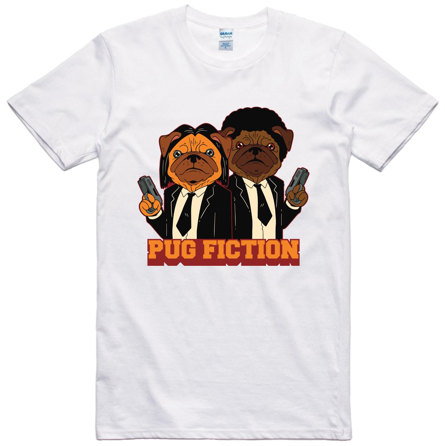 Retro Movie Mens T-Shirt Funny Pug Fiction Dog Design Regular Fit Cotton Tee S