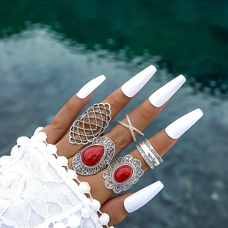 European and American Ethnic Style Carved Feather turquoise Ring Retro Personality Ring Set Combination Ring Set