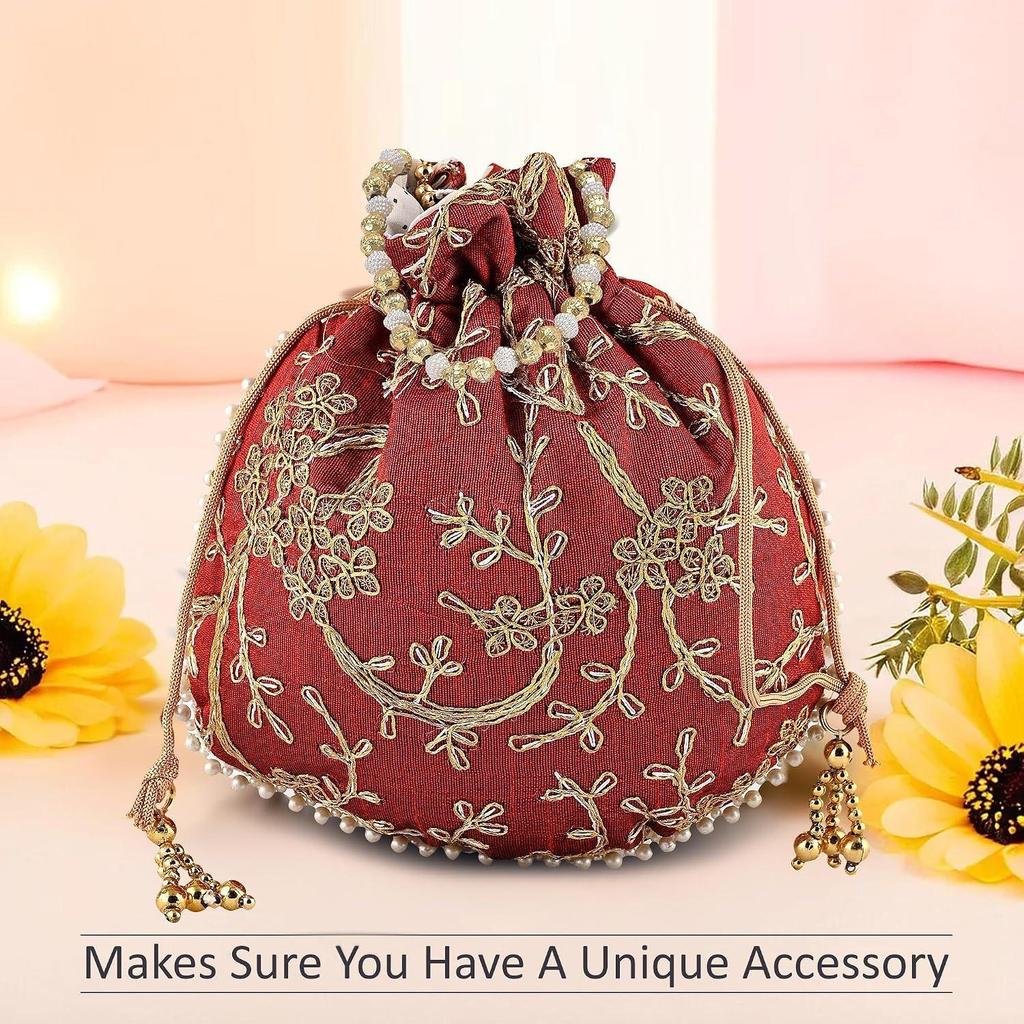 Potli Bags for Ladies & Girls | Women Shagun Pouches for Festive Seasons | Batwa Bag Bridal Purse With Embroidery -Maroon