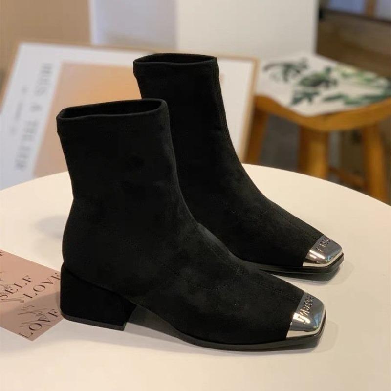 

Anti-kick head suede short boots women s autumn new thick heel metal square head middle heel elastic thin socks boots 40