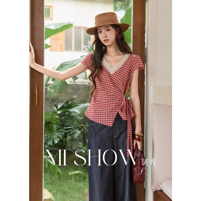Women s Retro Plaid V-Neck Tie-Front Blouse L