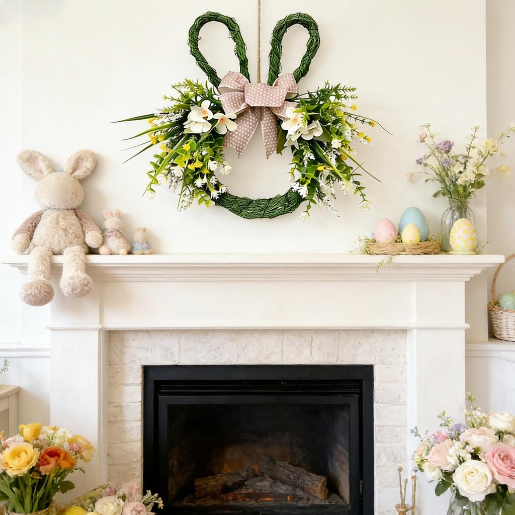 Easter Bunny Themed Artificial Flower Wreath, Spring Shaped Flower With Bunnies Ear Knot For Front Door,
