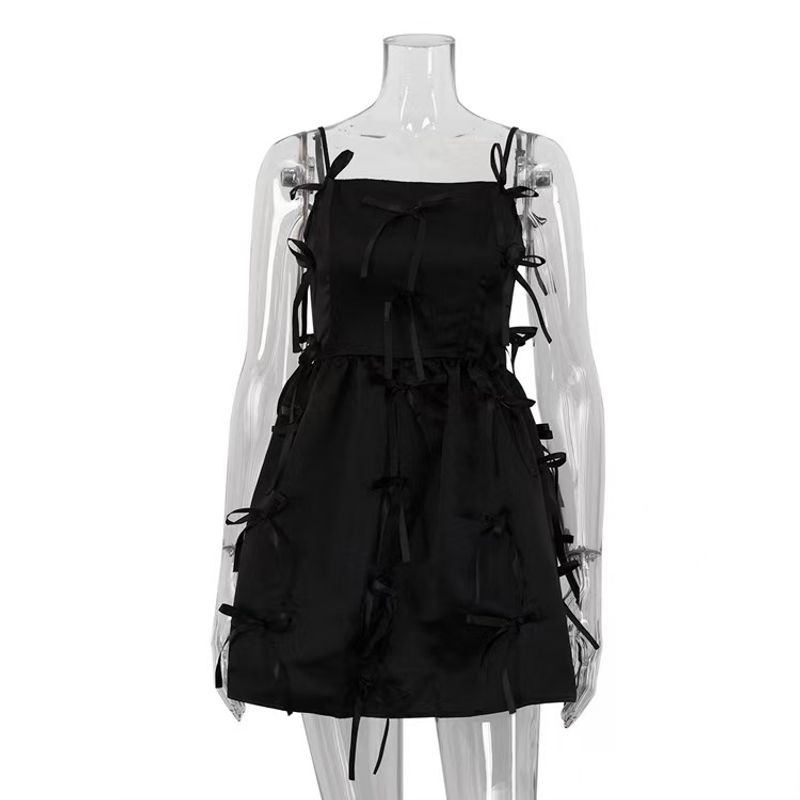 

European and American New Fashion Temperament Bow Decorative Sexy Sling Dress Bowknot Strap Dress Black S