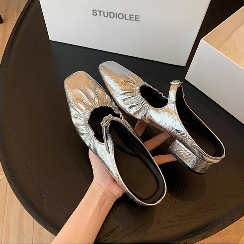 

High-end sheepskin version~ Muse girl French square head folds one pedal rhinestone buckle Muller half-drag outer wear tide 34